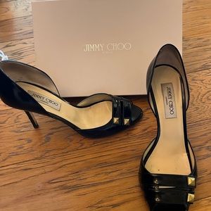 Jimmy Choo Black Patent Leather Studded Peep Toe Heel